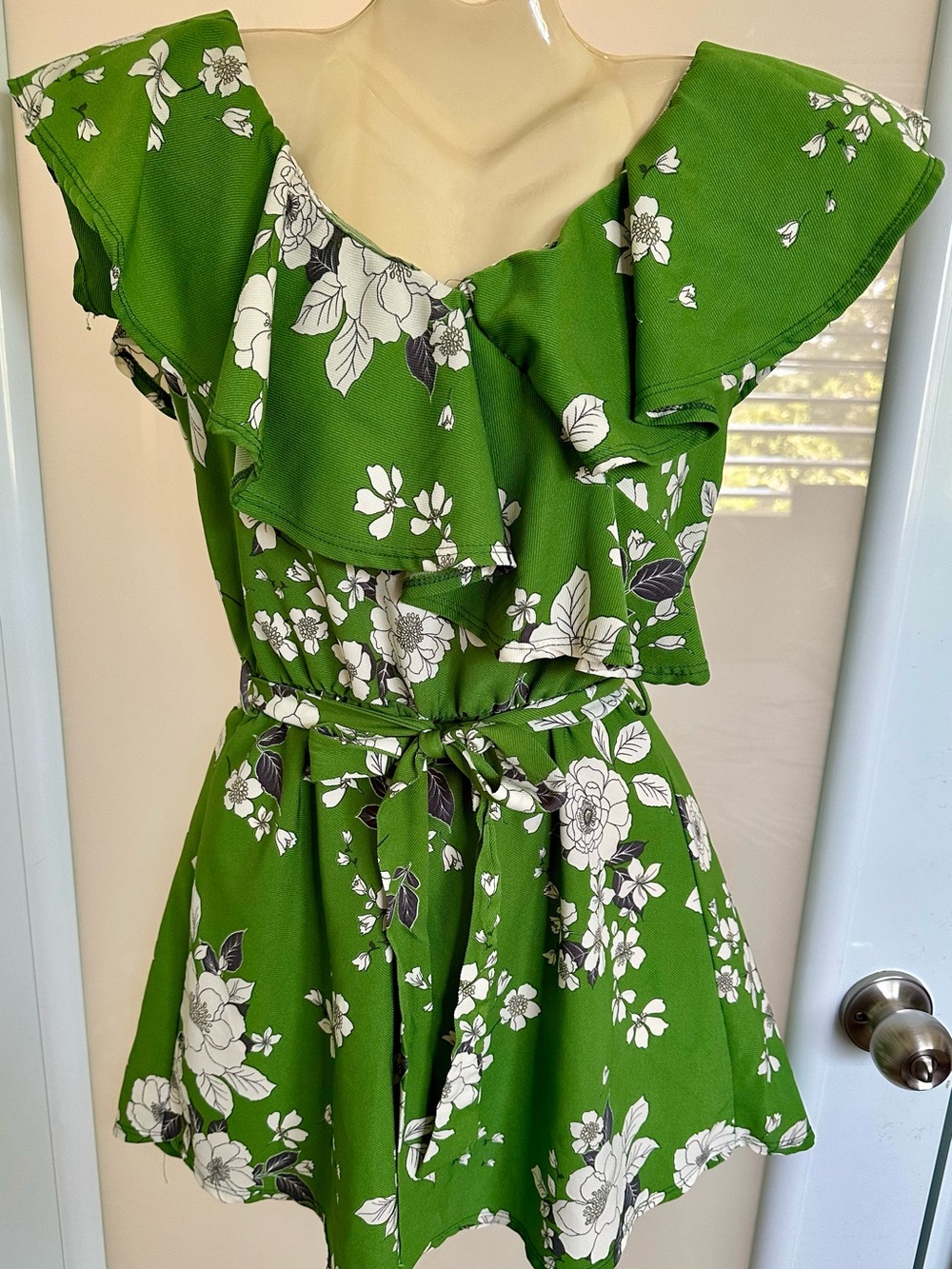 Green Floral Ruffle Mini Dress with Self-Tie Waist